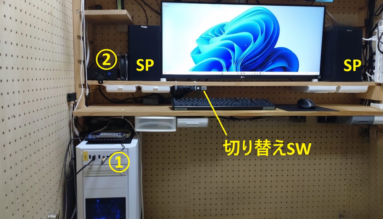 2台のPCとKVM切り替え機を使った作業環境